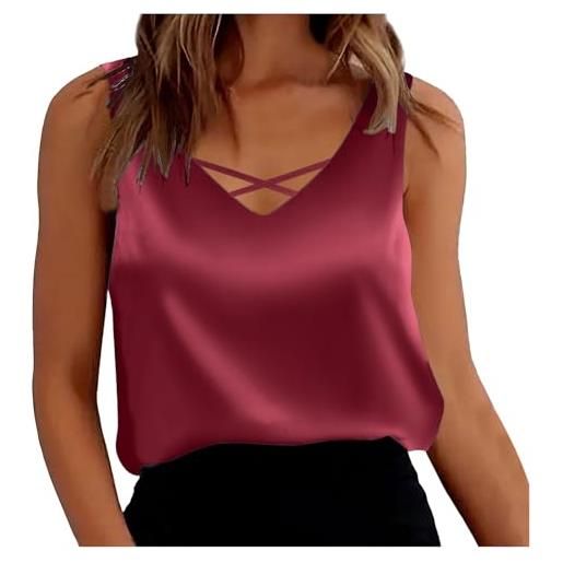 Generic 2024 canotta da donna in raso con cinturino di base estiva camicia casual con scollo a v senza maniche camicette a compressione top da donna, vino, s