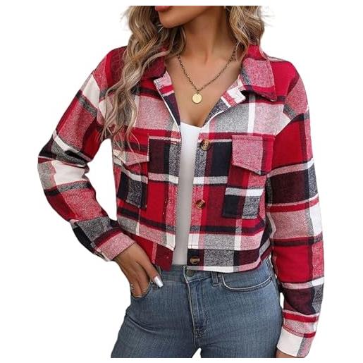 Generic giacca di flanella scozzese corta da donna camicie in flanella a maniche lunghe giacche scozzesi per le donne cappotto autunnale con tasche, rosso, xl