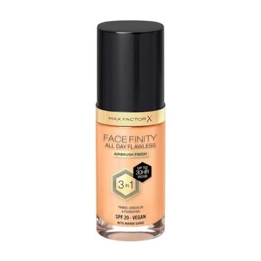 Max Factor fondotinta facefinity all day flawless - correttore, fondotinta liquido e primer viso 3-in-1, formula vegan, copertura modulabile, tenuta fino a 30 ore, spf20 - w70 warm sand, 30 ml