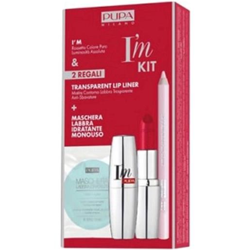 Pupa kit labbra i'm 314 true red i'm rossetto + trasparent lip liner + maschera labbra labbra