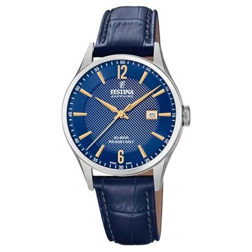 Festina swiss made orologio uomo analogico pelle blu - quarzo data - vetro zaffiro resistente - impermeabile 10 atm elegante - f20007/3 classic leather