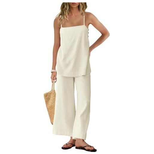 Generico 2 pezzi lino set estate viaggio spiaggia vacanza vestito sexy spaghetti strap canotta e pantaloni con tasche (grigio bianco, medio)