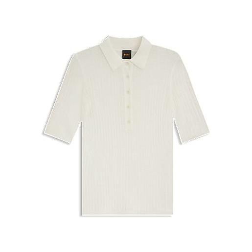 BOSS polo in maglia a coste in misto lana vergine, bianco