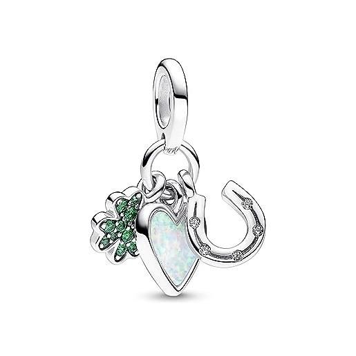 PANDORA ciondolo moments in argento sterling con trifoglio, cuore e ferro di cavallo con zirconi cubici trasparenti, cristallo verde reale e opale bianco creato in laboratorio