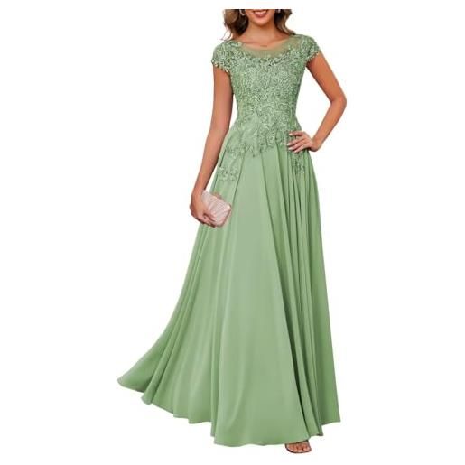 KURFACE abito da sera formale in chiffon con maniche ad aletta in pizzo per madre della sposa, verde salvia, 44