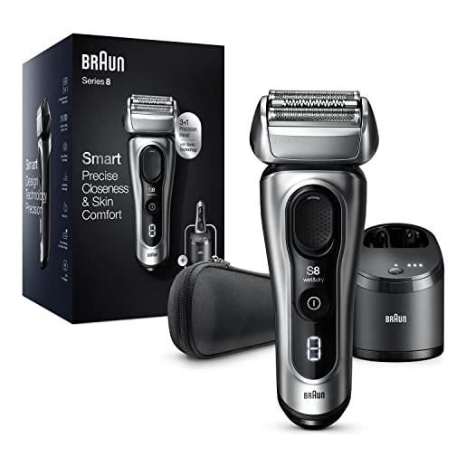 Braun series 8, regolabarba uomo, rasoio elettrico barba, custodia da viaggio, tecnologia sonica, lame flessibili, custodia da viaggio, idea regalo, 8467cc grigio