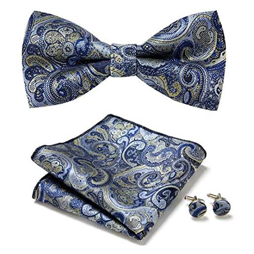 Suwequest fiocco da uomo con papillon e fazzoletto con gemelli