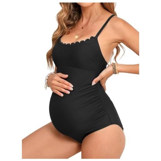 CUPSHE costume da bagno intero premaman da donna con scollo rotondo smerlato costume da bagno con lacci sul retro costume da bagno per gravidanza, nero , l