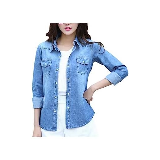 Rfmfkkg camicie con bottoni in denim blu con tasche casual camicie con bottoni in jeans a maniche lunghe da donna dark blue 2 m