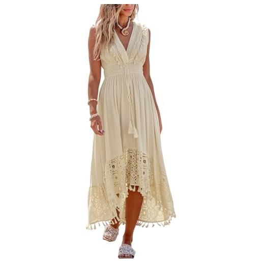 CUPSHE abito estivo da donna, in pizzo, scollo a v, senza maniche, a vita, lungo, per il tempo libero, con nappa, da spiaggia, beige. , m