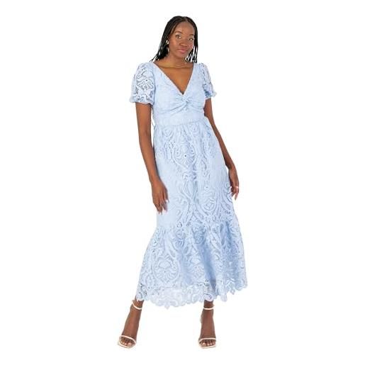 Maya Deluxe women's midi dress ladies v-neck short puff sleeves twist front lace tiered bottom hemline a-line wedding guest occasion vestito, fiordaliso blu, 42 donna