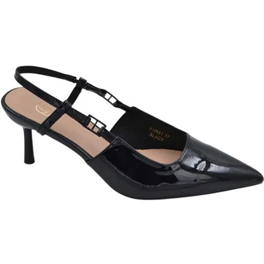 Malu Shoes decolette donna in pelle lucida nera punta tacco sottile 5 cm cinturino regolabile tallone