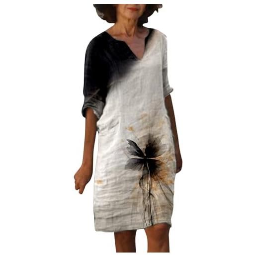 Generisch abito estivo da donna, con scollo a v, in lino, a maniche corte, lunghezza al ginocchio, in cotone e lino, per il tempo libero, con stampa alla moda, taglie forti, b-beige, xl
