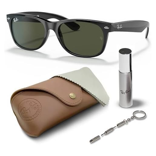 Ray-Ban rb2132 new wayfarer, set di occhiali da sole | custodia esclusiva e set per la cura | polished black | g-15 green