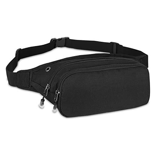 LOTISIE marsupio uomo, marsupio sportivo con 3 tasche in nylon con cinturino regolabile e fibbia a sgancio rapido per corsa ciclismo escursione campeggio, nero