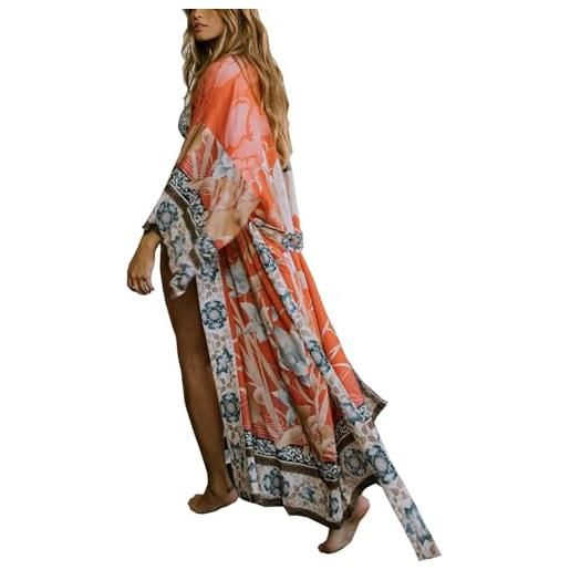 Goolecrimp poncho stampato modello cinese da donna fashion trend beach vacation bikini cover up elegante casual allentato lungo home sleeping robe (arancione, taglia unica)