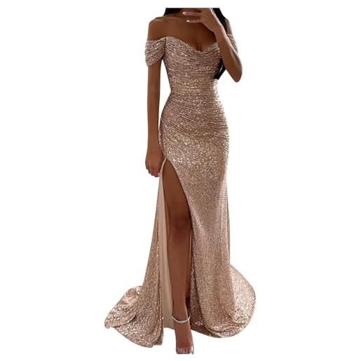 Huoghebg abito elegante donna lungo off shoulder abito da donna senza maniche scollo v con paillettes abiti da ballo formale per le donne con spacco abito da cerimonia sexy vestito da cocktail sera