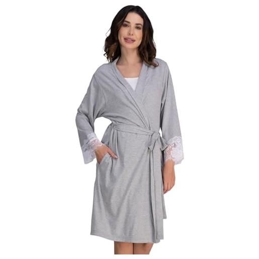 Moomaya vestaglia in jersey di cotone grigio | vestaglia da donna con pizzo | abbigliamento da casa con maniche a 3/4