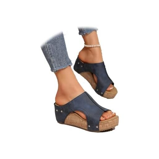 EDAT zeppe e sandali con plateau in sughero lumi, sandali estivi da donna con zeppa comoda e antiscivolo, suola spessa(blue, 8)