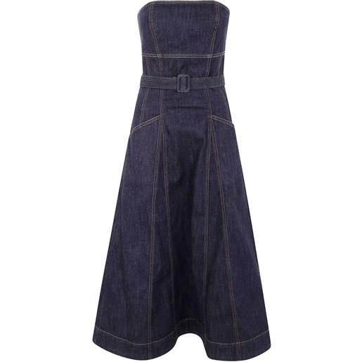 Self-Portrait abito midi denim con cintura senza spalline - blu