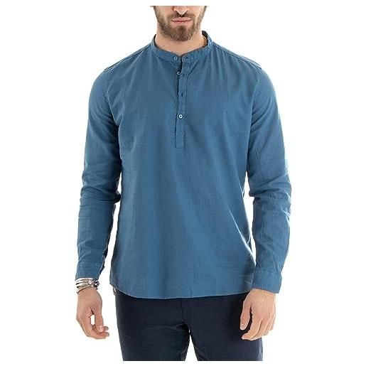 Giosal camicia uomo lino manica lunga tinta unita collo serafino made in italy (s, avio)