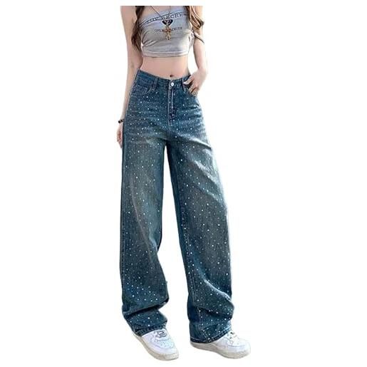 Vagbalena jeans larghi a vita alta con strass da donna jeans dritti casual elasticizzati alla moda, larghi e pantaloni larghi a gamba dritta con perle e hot drill (blu, xxl)