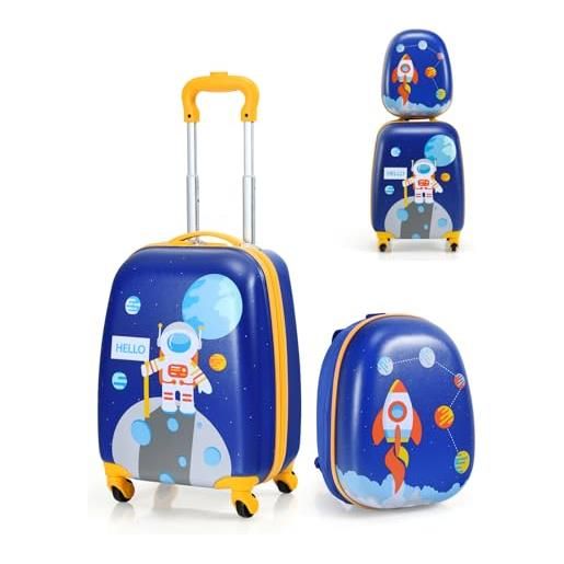 SOARS set di valigia 16'' + zaino 12'' per bambini 2 pezzi, bagagli 2-in-1 con zainetto da viaggio aereo, trolley con maniglia telescopica e 4 ruote a 360° (blu astronauta)