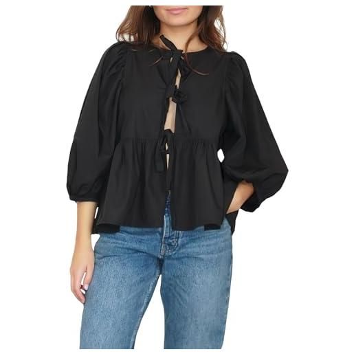 amropi donna camicetta con cravatta frontale lacci peplo camicia 3/4 corto manica a sbuffo estate volant top nero, xl