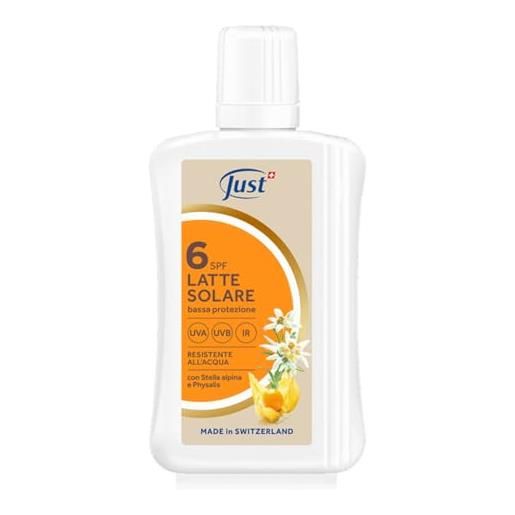 Just latte solare spf 6, protezione bassa uva/uvb/ir, con stella alpina e physalis, resistente all'acqua, made in switzerland