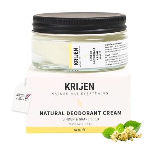 Krijen crema deodorante per fiori di tiglio, 50 ml, priva di alluminio e vegano, contro sudore e macchie, per pelli sensibili, per donne e uomini, delicato sulla pelle, forte contro gli odori