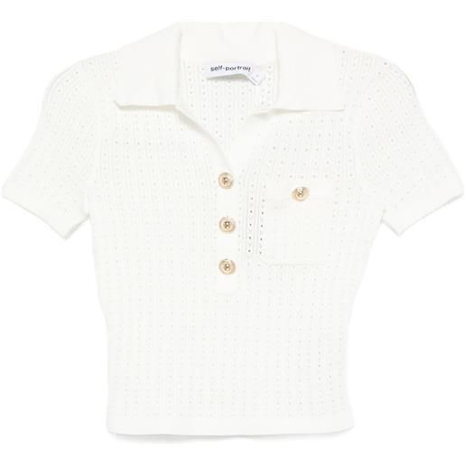 Self-Portrait polo in maglia traforata - bianco