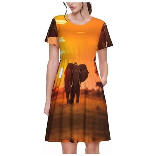ZXERTG maxi abito da donna a maniche corte con stampa elefante, abito estivo casual, per vacanze al mare e gite primaverili, nero , l