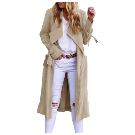 Generisch 2025 - trench lungo da donna con frontale aperto, maniche lunghe, stretto, casual, con tasche, cappotto antivento con cintura cappotto da donna lungo al ginocchio, cachi, 3xl