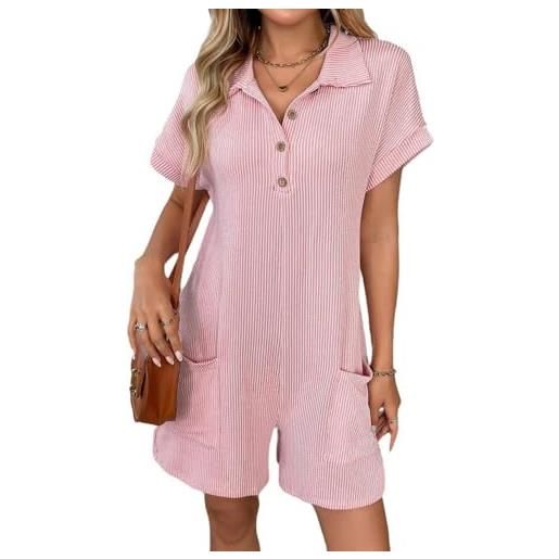 amropi tute da donna maniche corta estiva pagliaccetto elegante pantaloncini jumpsuit collo a v bottone tuta con tasca rosa, xl