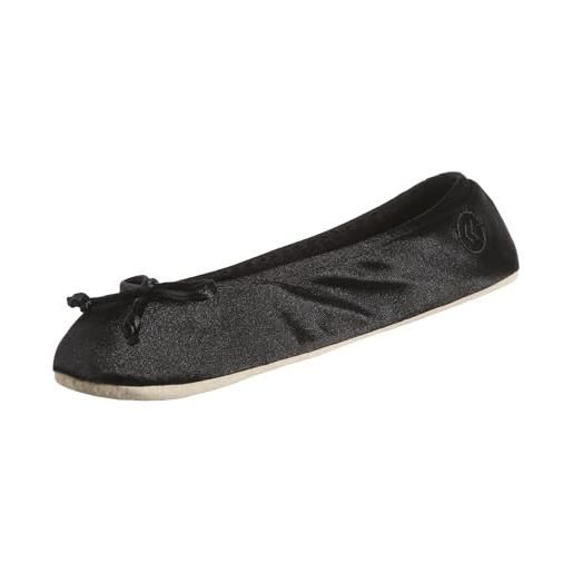 Isotoner pantofole da donna in raso con fiocco e suola in finta pelle scamosciata, nero, 35/36 eu
