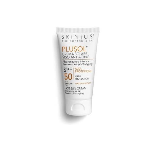 Skinius plusol crema solare viso spf50 - abbronzatura intensa con prevenzione photoaging - protezione solare anti-aging e idrata la pelle - texture fresca e leggera ad assorbimento rapido 50ml