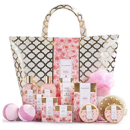 Spa luxetique set bagnoschiuma donna 15 pezzi alla rosa con borsa tote confezione regalo donna per bagno doccia e idratazione idea regalo mamma per compleanno feste san valentino
