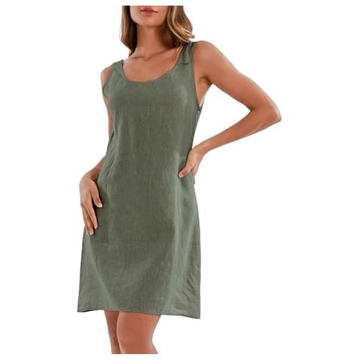 Amazhiyu abito estivo da donna, 100% lino, scollo rotondo, casual, senza maniche, in lino, marrone, s