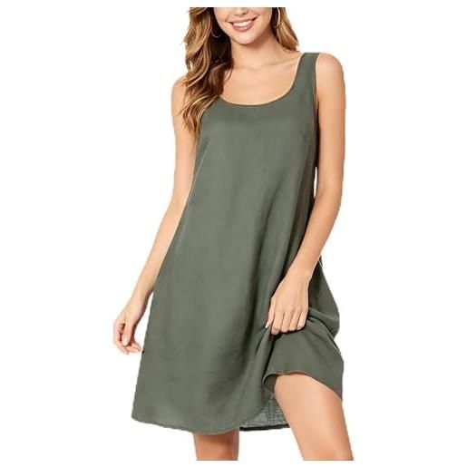 Amazhiyu abito estivo da donna, 100% lino, scollo rotondo, casual, senza maniche, in lino, verde, s