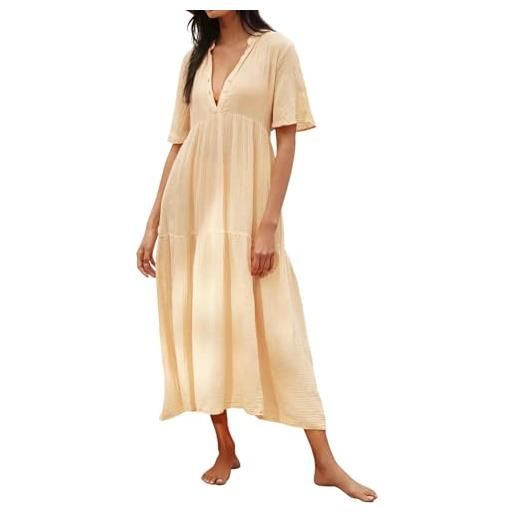 R.Vivimos vestito estivo a maniche corte con scollo a v delle donne vestito lungo da spiaggia casual maxi abito(l, beige)