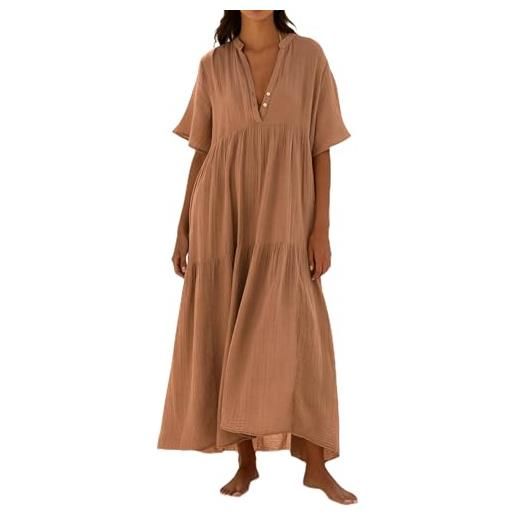 R.Vivimos vestito estivo a maniche corte con scollo a v delle donne vestito lungo da spiaggia casual maxi abito(l, beige)