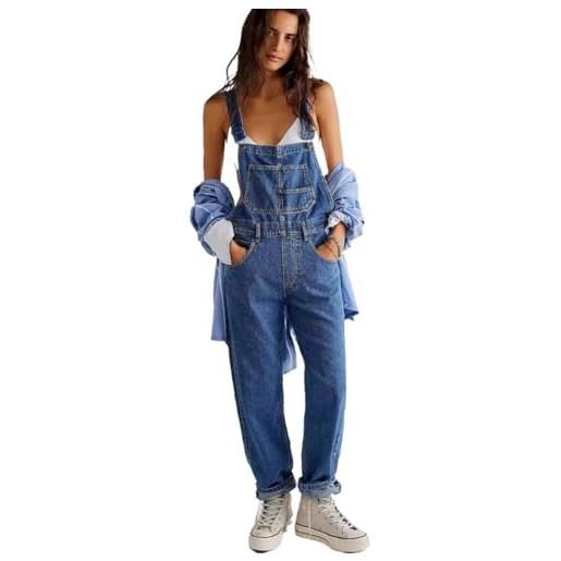 SaiDeng salopette da donna in denim, senza maniche, con tasche, look a gamba larga, stile casual streetwear, blu scuro, s