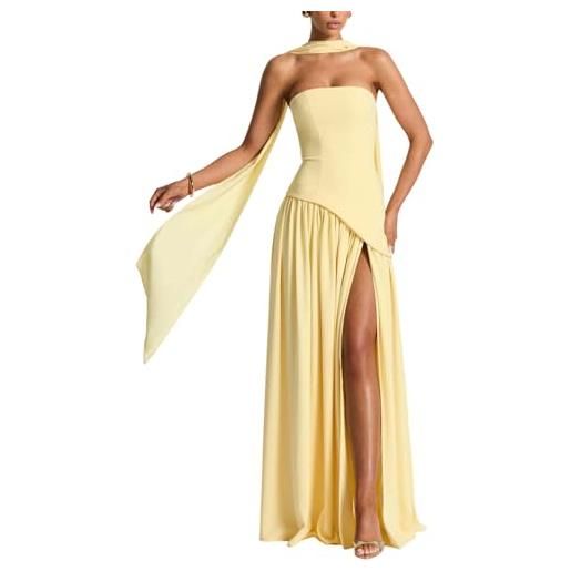 ORANDESIGNE vestito donna estivo vestiti senza spalline maxi abito elegante cerimonia abiti curvy lunghi tubino con spacco e sciarpa a giallo s