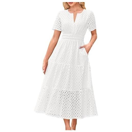 Generic maxi abito estivo da donna a maniche corte casual scollo a v scava fuori occhiello a vita alta volant swing una linea abiti lunghi fluidi, bianco, m