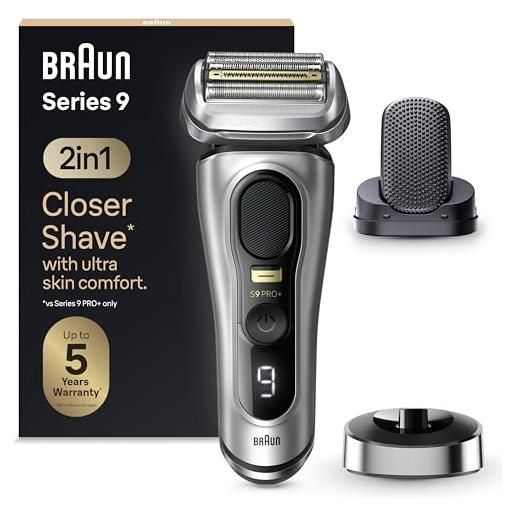 Braun series 9 pro + regolabarba uomo, rasoio elettrico barba Braun serie 9, rifinitore di precisione, custodia da viaggio in tessuto, batteria litio ion, 100% impermeabile idea regalo, 9557s argento