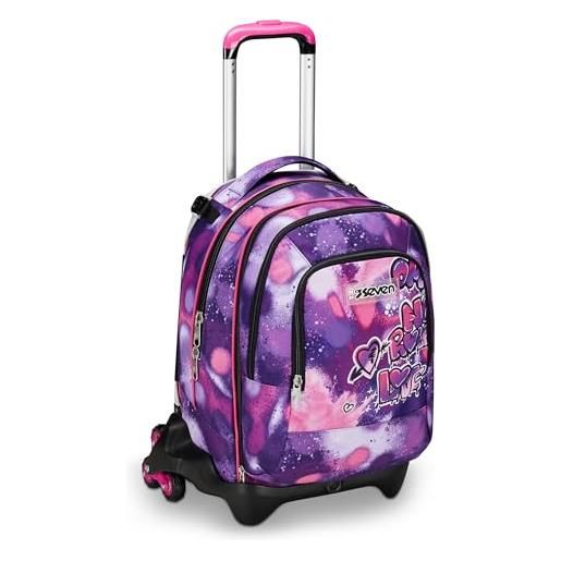 Seven trolley scuola jack detach 3 ruote, viola fucsia, bubble street, 3 in 1, zaino con carrello sganciabile, tasca amovibile uso zainetto e crossover system, zaino scuola viaggio, bambina ragazza