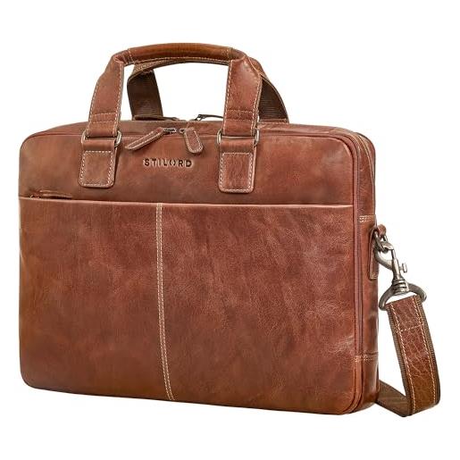 STILORD oslo - borsa per laptop da uomo, in vera pelle, con doppio scomparto per laptop da 15,6, 17, 18, in vera pelle, con tracolla, borsa da lavoro da uomo, brandy - marrone, large