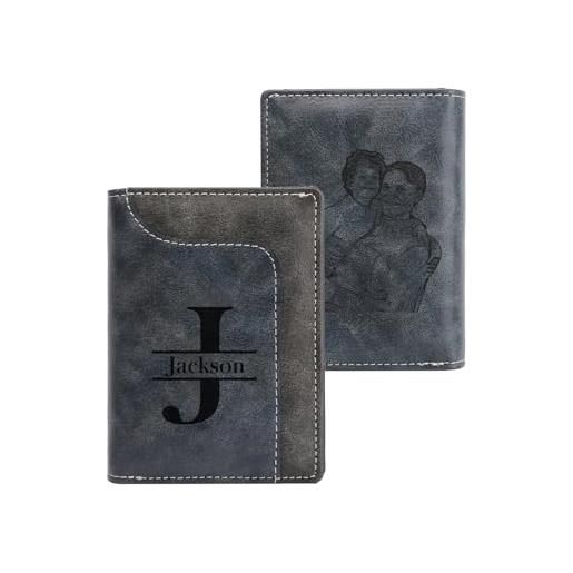 ALBERTBAND Portafoglio Uomo Personalizzati Foto Pelle - Portafoglio Zip con Porta Carte di Credito e Portamonete - Regalo per la Festa del Papà per Papà Marito Nonno Natale (A-Foto&Letter