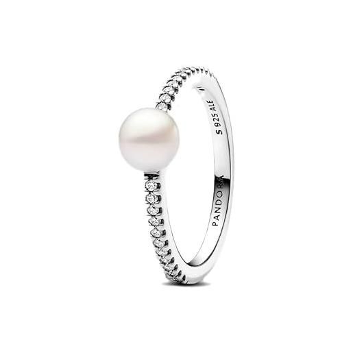 PANDORA timeless anello, in argento sterling con perla coltivata d'acqua dolce trattata bianca e zirconia cubica trasparente, 48