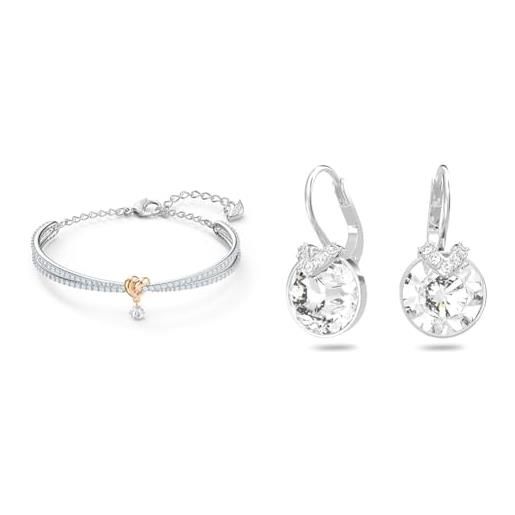 Swarovski bracciale rigido lifelong heart, cuore, bianco, mix di finiture & orecchini pendenti bella v, taglio tondo, bianchi, placcato rodio